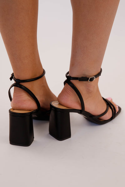 Black Block Heel Ankle Strap Sandals- Strappy Heels- Soda Shoes