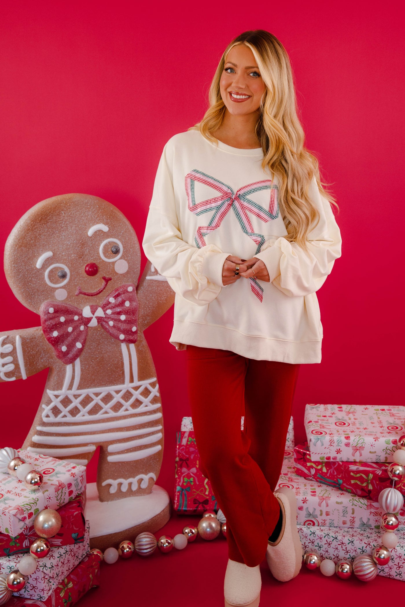 Oversized Sweatshirt With Ribbon Bow- Preppy Gingham Bow Sweatshirt- Peach Love Sweatshirt