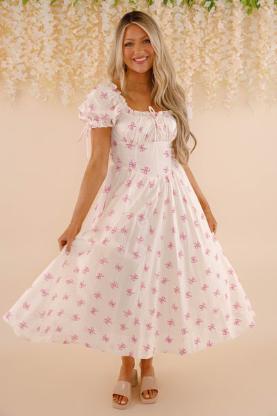 Pink Bow Midi Dress- Women's Coquette Dresses- Sofie The Label Bow Dress