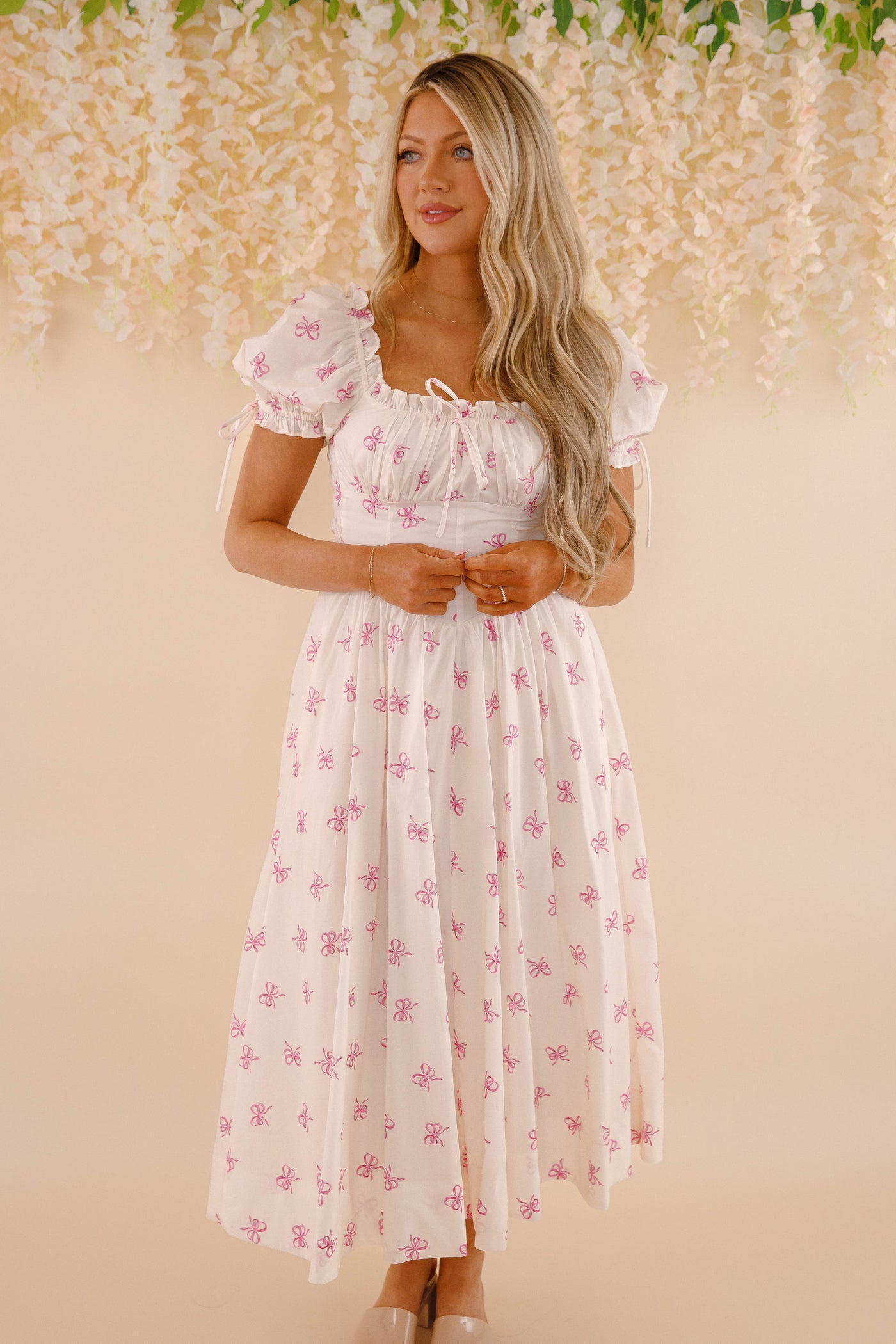 Pink Bow Midi Dress- Women's Coquette Dresses- Sofie The Label Bow Dress