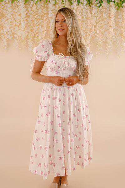 Pink Bow Midi Dress- Women's Coquette Dresses- Sofie The Label Bow Dress