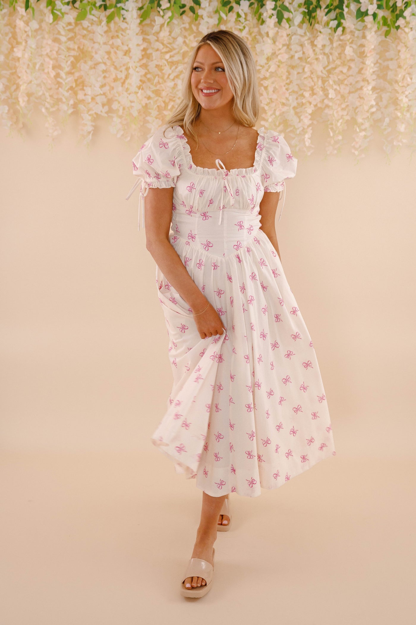 Pink Bow Midi Dress- Women's Coquette Dresses- Sofie The Label Bow Dress