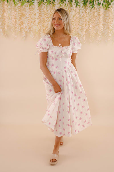 Pink Bow Midi Dress- Women's Coquette Dresses- Sofie The Label Bow Dress
