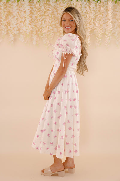 Pink Bow Midi Dress- Women's Coquette Dresses- Sofie The Label Bow Dress