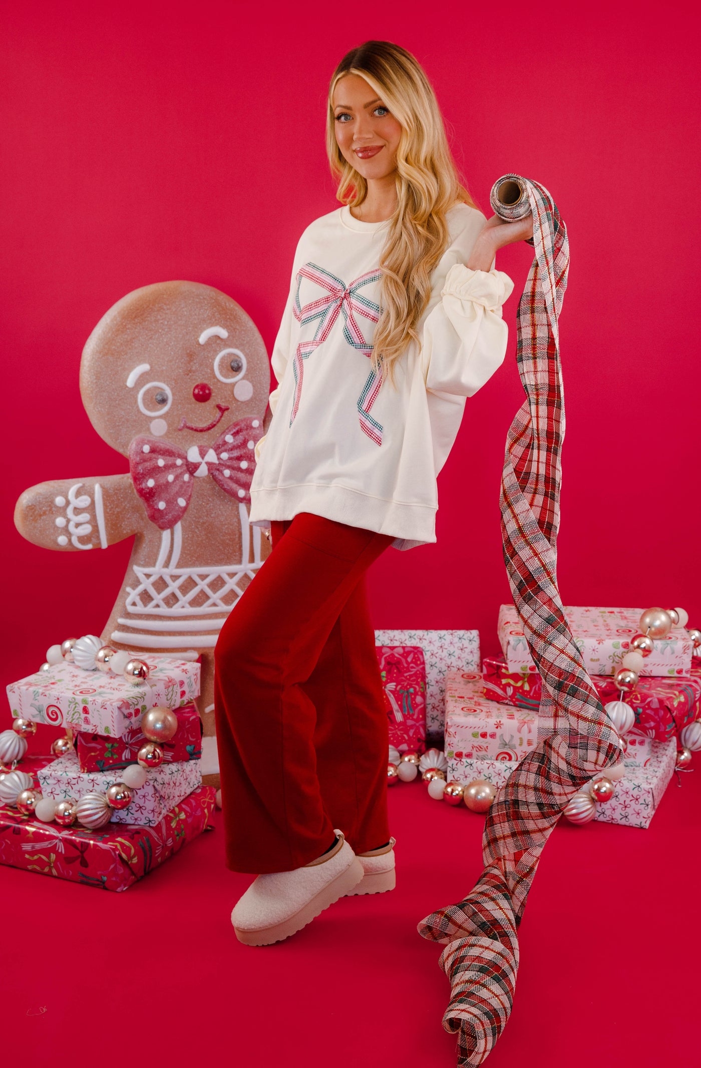 Oversized Sweatshirt With Ribbon Bow- Preppy Gingham Bow Sweatshirt- Peach Love Sweatshirt