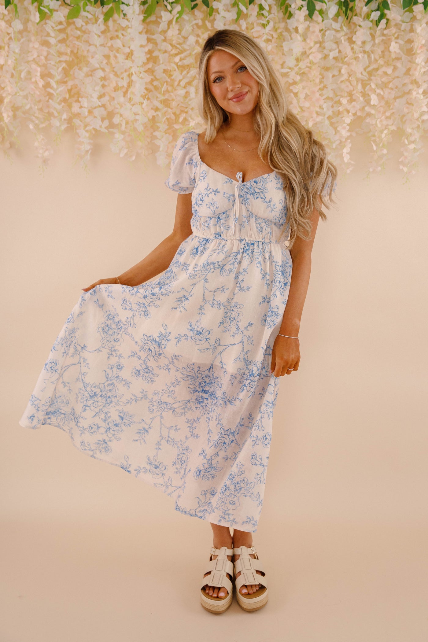 Women's Blue and White Floral Print Dress- Costal Grandmother Style