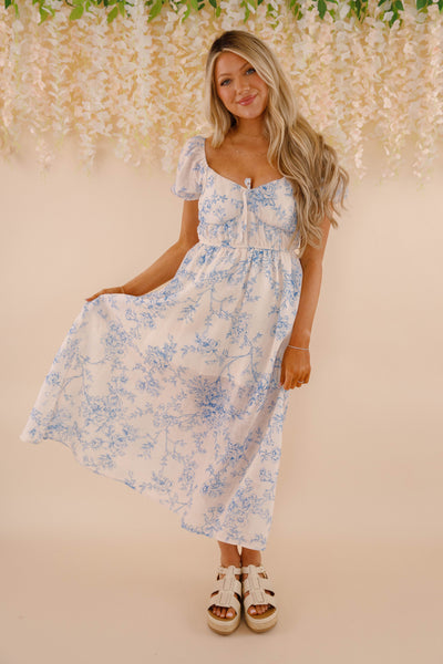 Women's Blue and White Floral Print Dress- Costal Grandmother Style