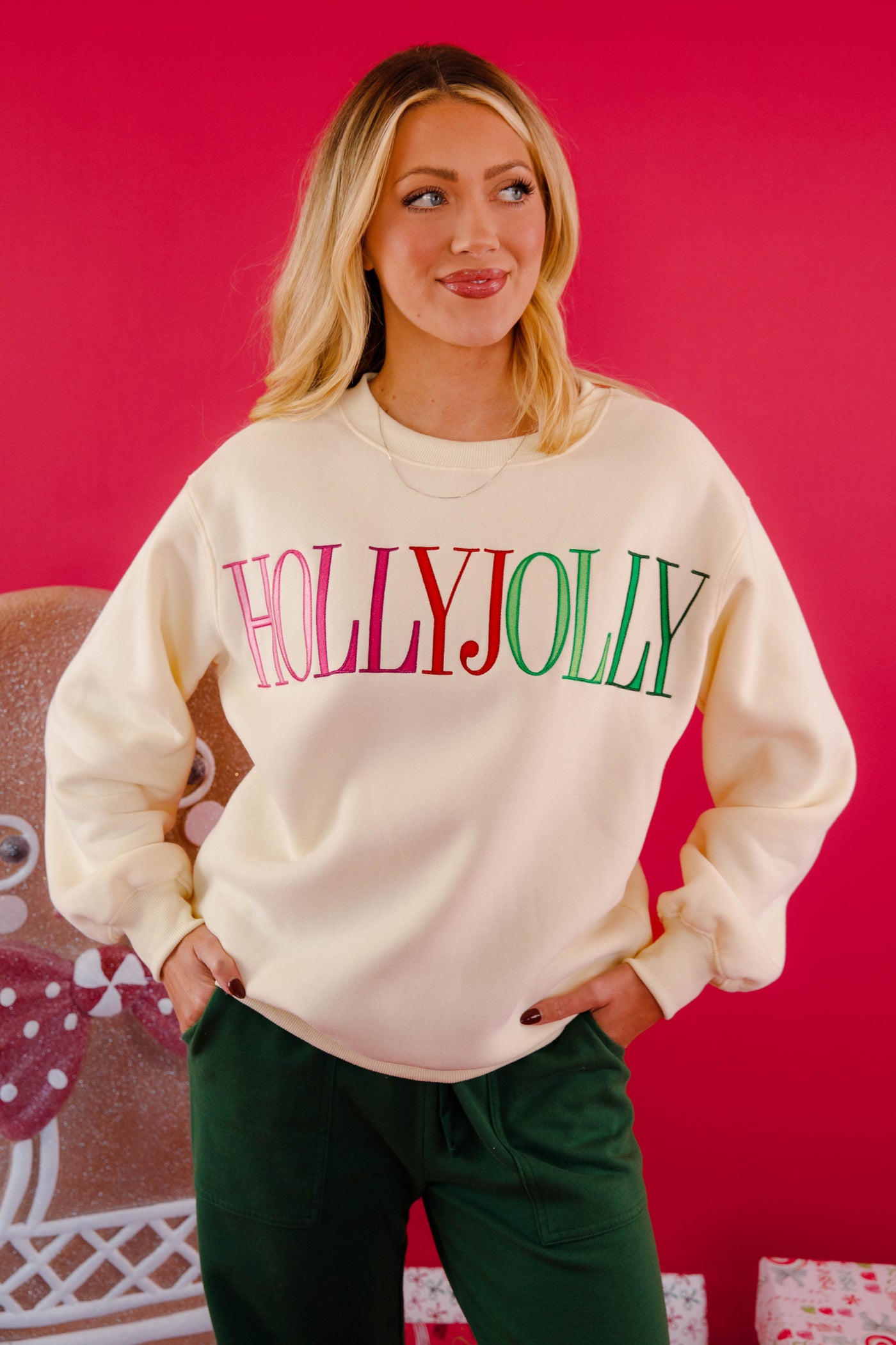 Holly Jolly Embroidered Sweatshirt- Fleece Lined Christmas Pullover- Peach Love Holly Jolly Pullover