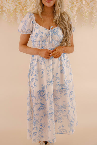 Women's Blue and White Floral Print Dress- Costal Grandmother Style