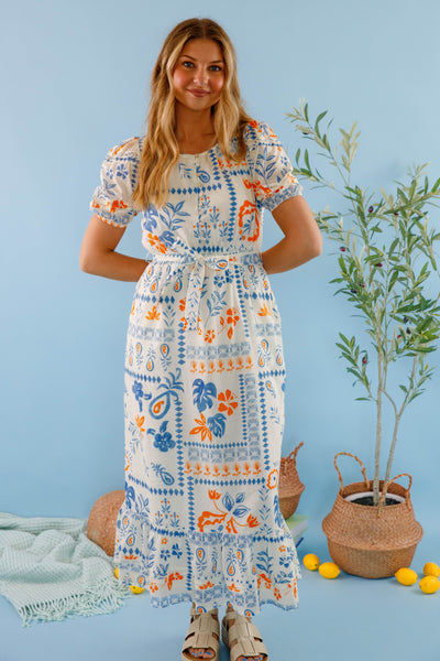  Bila77 Midi Dress- Women's Blue and White Printed Dress- Cotton Dresses for Women