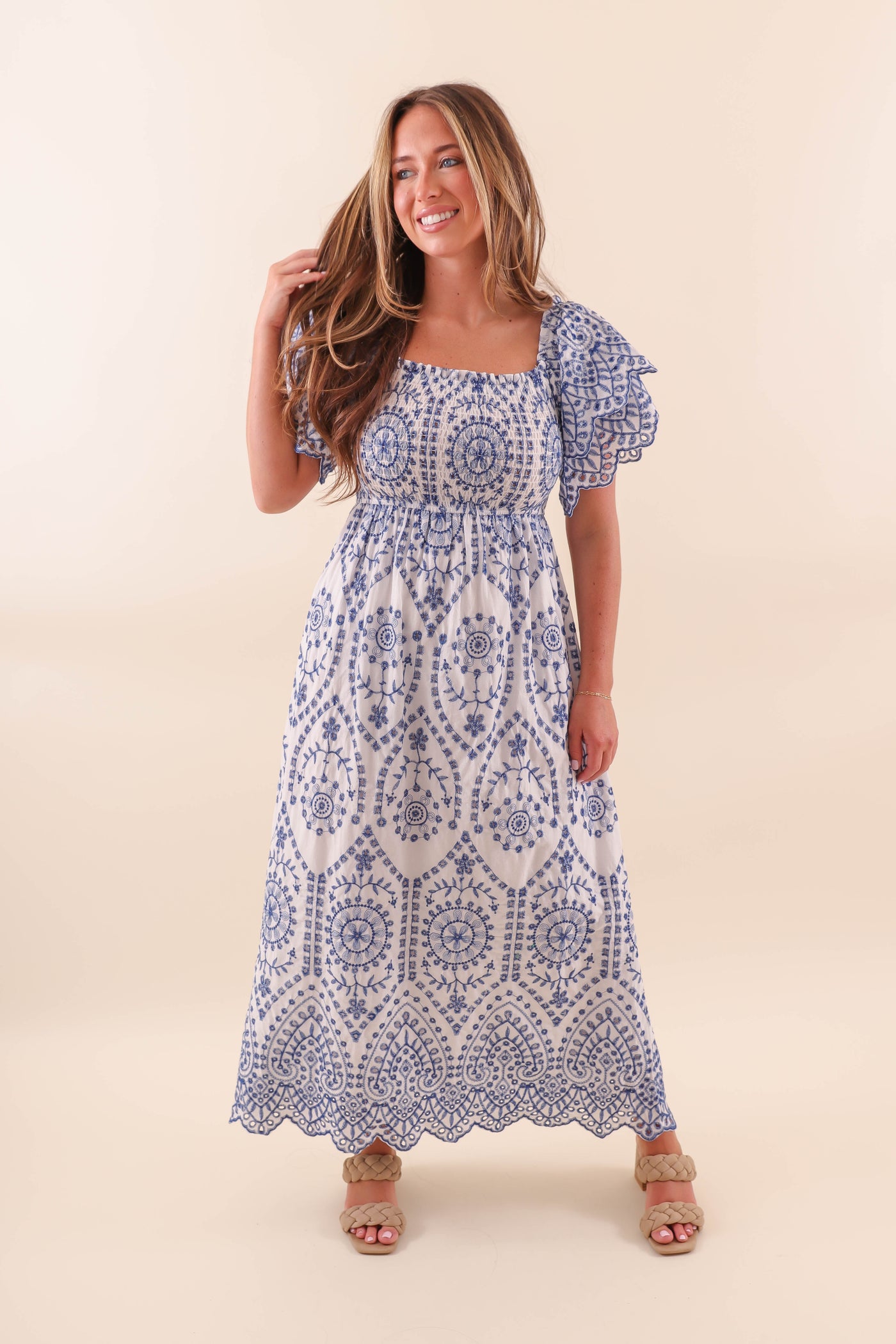 Women's White And Blue Maxi Dress- Blue Embroidered Maxi- Women's Coastal Dresses