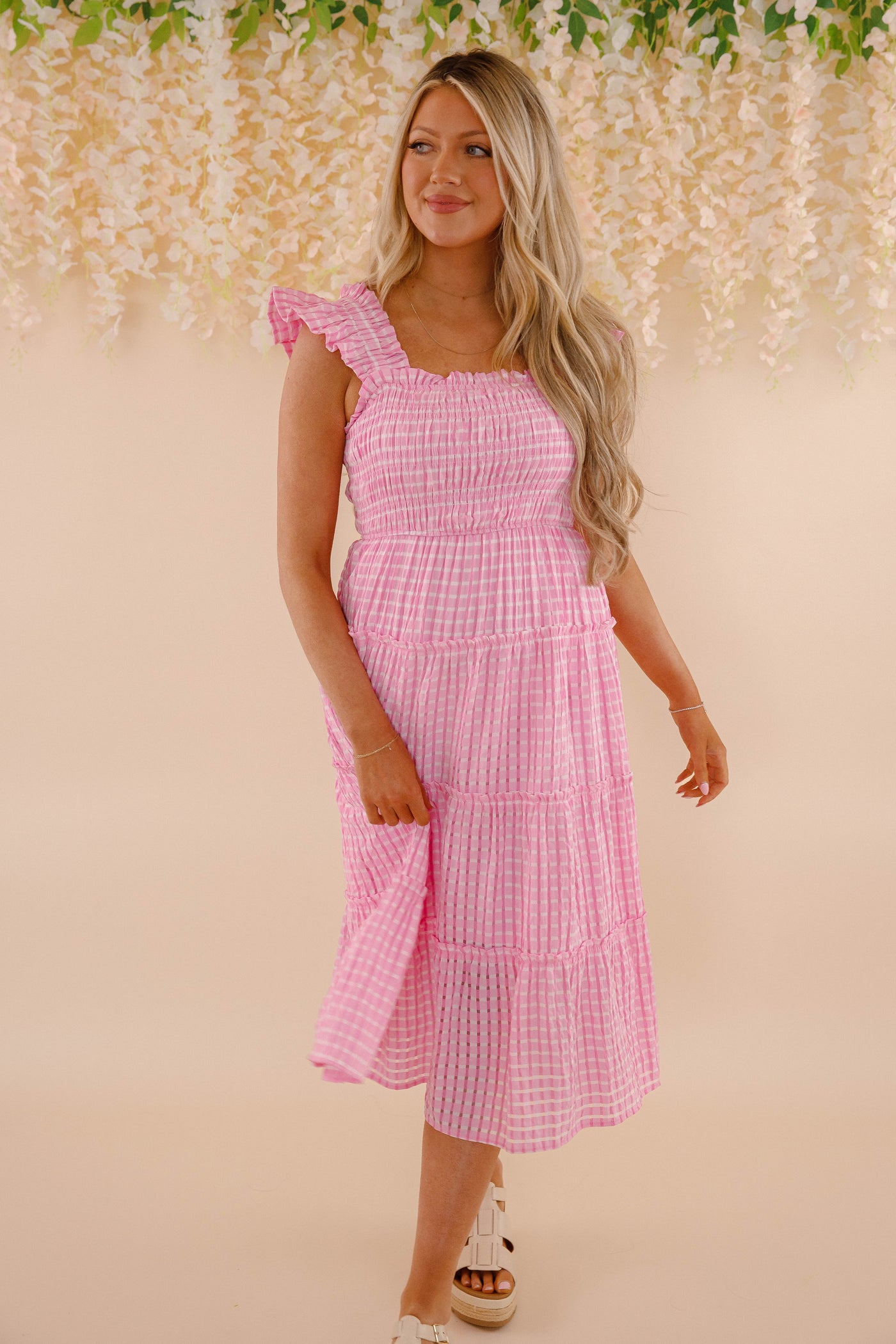 Pink and White Gingham Dress- Women's Pink Gingham Midi Dress- Umgee Dresses