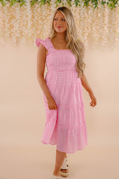 Pink and White Gingham Dress- Women's Pink Gingham Midi Dress- Umgee Dresses