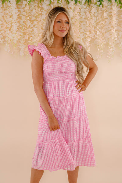 Pink and White Gingham Dress- Women's Pink Gingham Midi Dress- Umgee Dresses