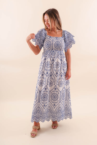 Women's White And Blue Maxi Dress- Blue Embroidered Maxi- Women's Coastal Dresses