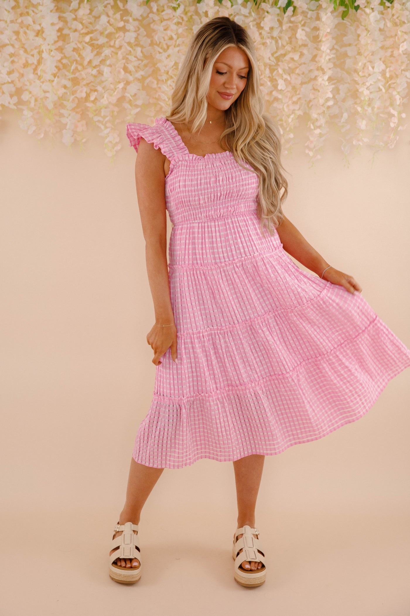 Pink and White Gingham Dress- Women's Pink Gingham Midi Dress- Umgee Dresses