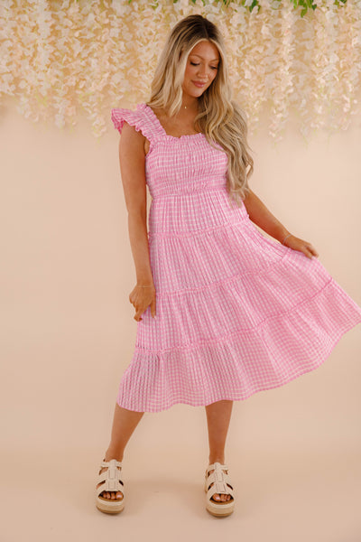 Pink and White Gingham Dress- Women's Pink Gingham Midi Dress- Umgee Dresses