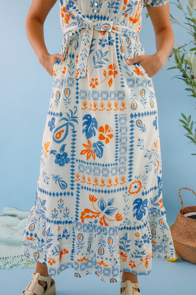  Bila77 Midi Dress- Women's Blue and White Printed Dress- Cotton Dresses for Women