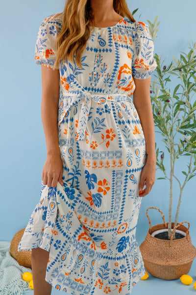  Bila77 Midi Dress- Women's Blue and White Printed Dress- Cotton Dresses for Women