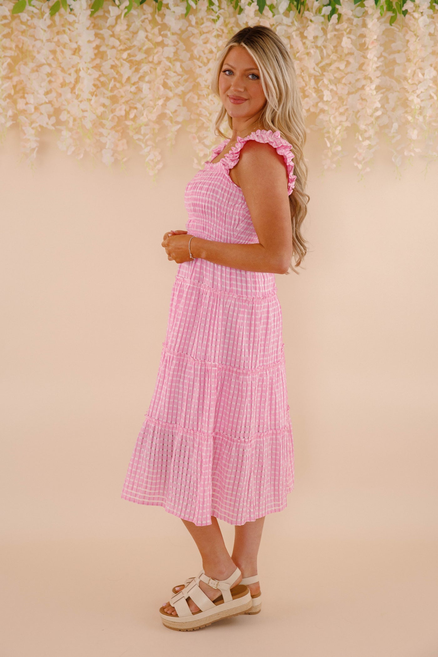 Pink and White Gingham Dress- Women's Pink Gingham Midi Dress- Umgee Dresses
