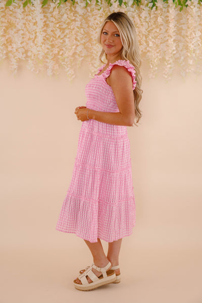 Pink and White Gingham Dress- Women's Pink Gingham Midi Dress- Umgee Dresses