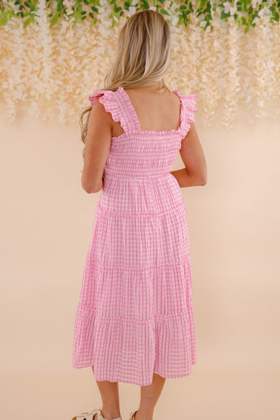 Pink and White Gingham Dress- Women's Pink Gingham Midi Dress- Umgee Dresses