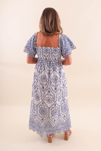 Women's White And Blue Maxi Dress- Blue Embroidered Maxi- Women's Coastal Dresses