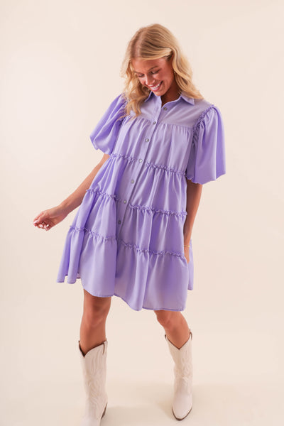 Women's Purple Puff Sleeve Dress- Button Down Ruffle Dress- Women's Summer Dresses