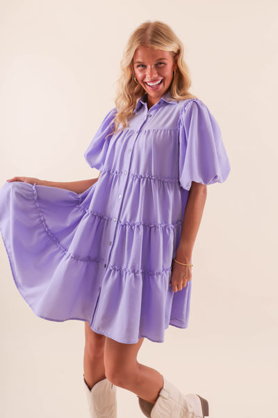 Women's Purple Puff Sleeve Dress- Button Down Ruffle Dress- Women's Summer Dresses