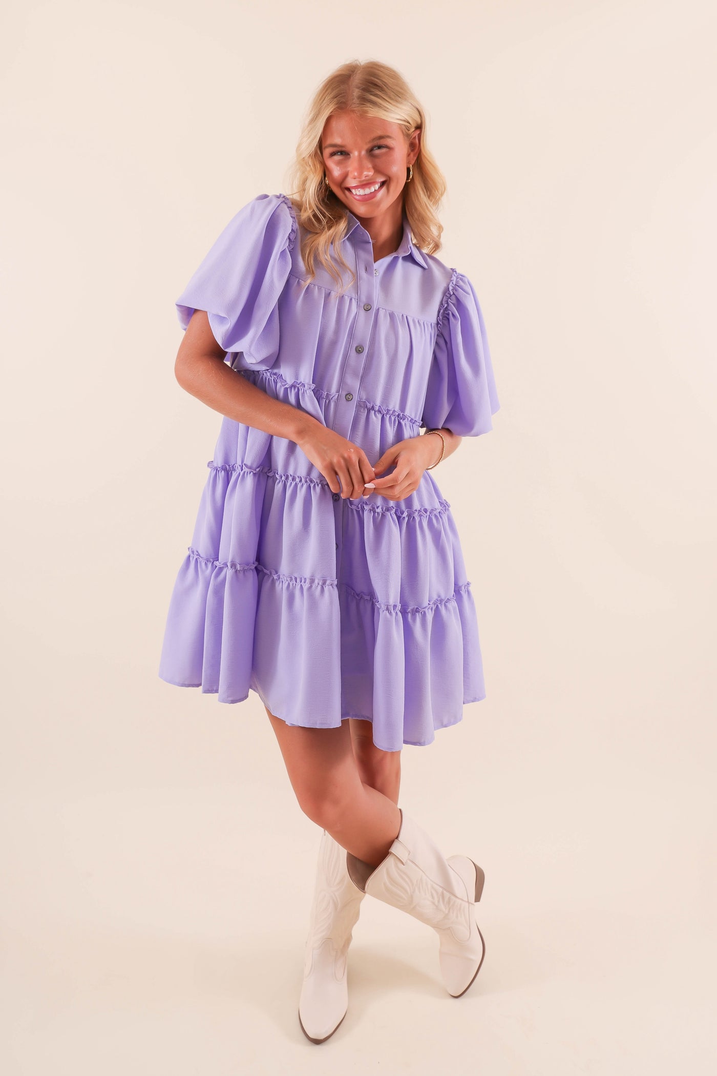 Women's Purple Puff Sleeve Dress- Button Down Ruffle Dress- Women's Summer Dresses