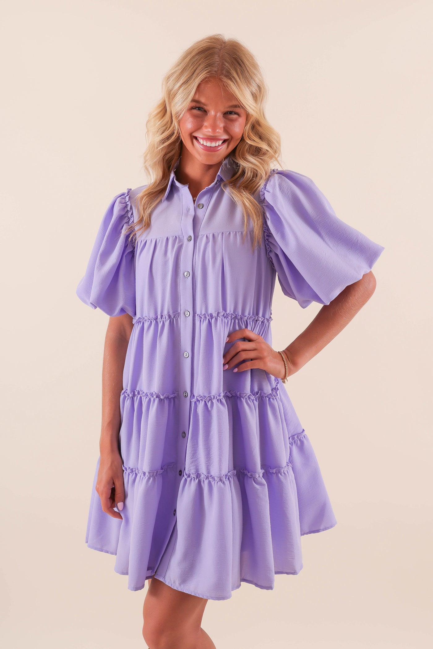 Women's Purple Puff Sleeve Dress- Button Down Ruffle Dress- Women's Summer Dresses