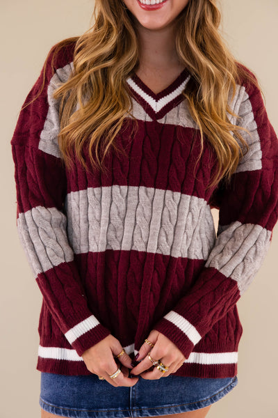 Striped Cable Knit Sweater- Oversized Varsity Inspired Sweater- She + Sky Striped Sweater