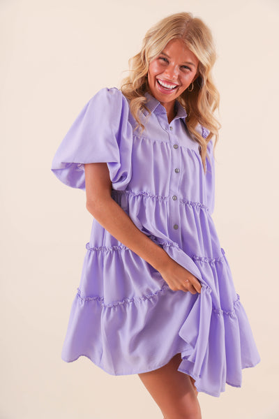 Women's Purple Puff Sleeve Dress- Button Down Ruffle Dress- Women's Summer Dresses