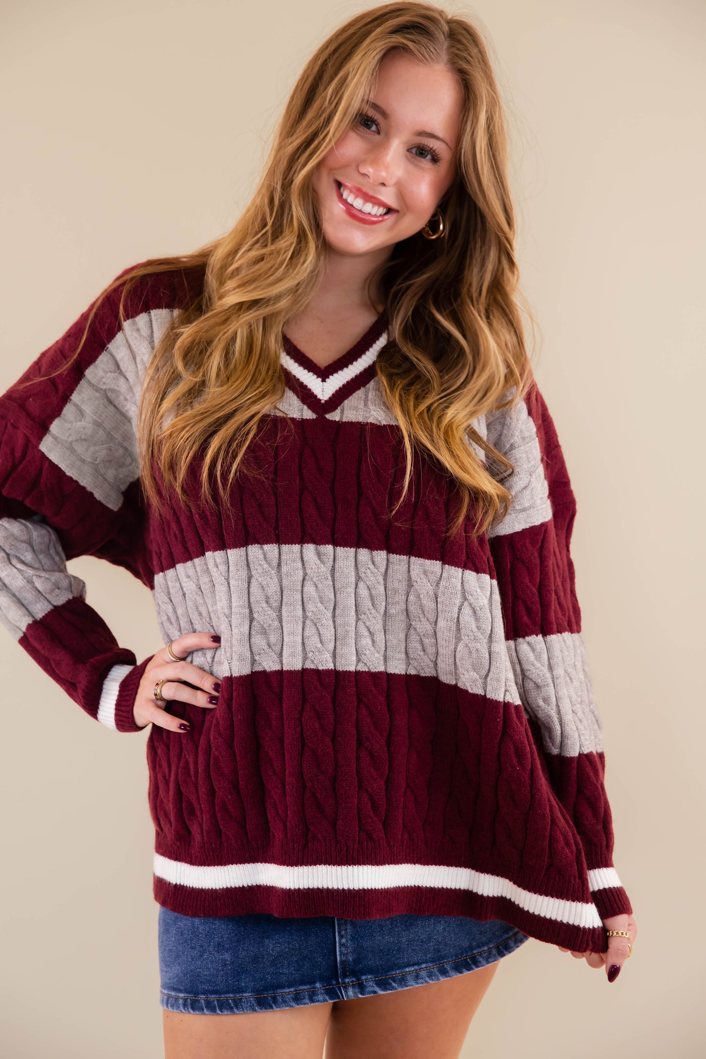 Striped Cable Knit Sweater- Oversized Varsity Inspired Sweater- She + Sky Striped Sweater
