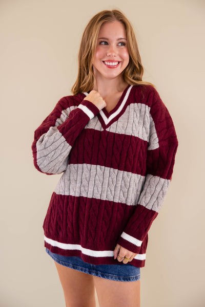 Striped Cable Knit Sweater- Oversized Varsity Inspired Sweater- She + Sky Striped Sweater