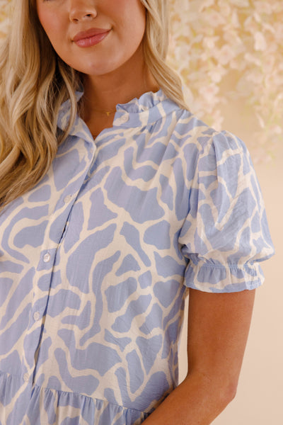 Blue and White Printed Mini Dress- Women's Button Down Summer Dress