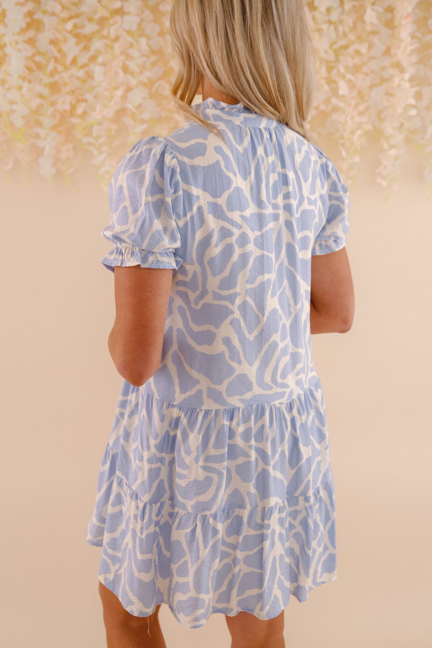 Blue and White Printed Mini Dress- Women's Button Down Summer Dress