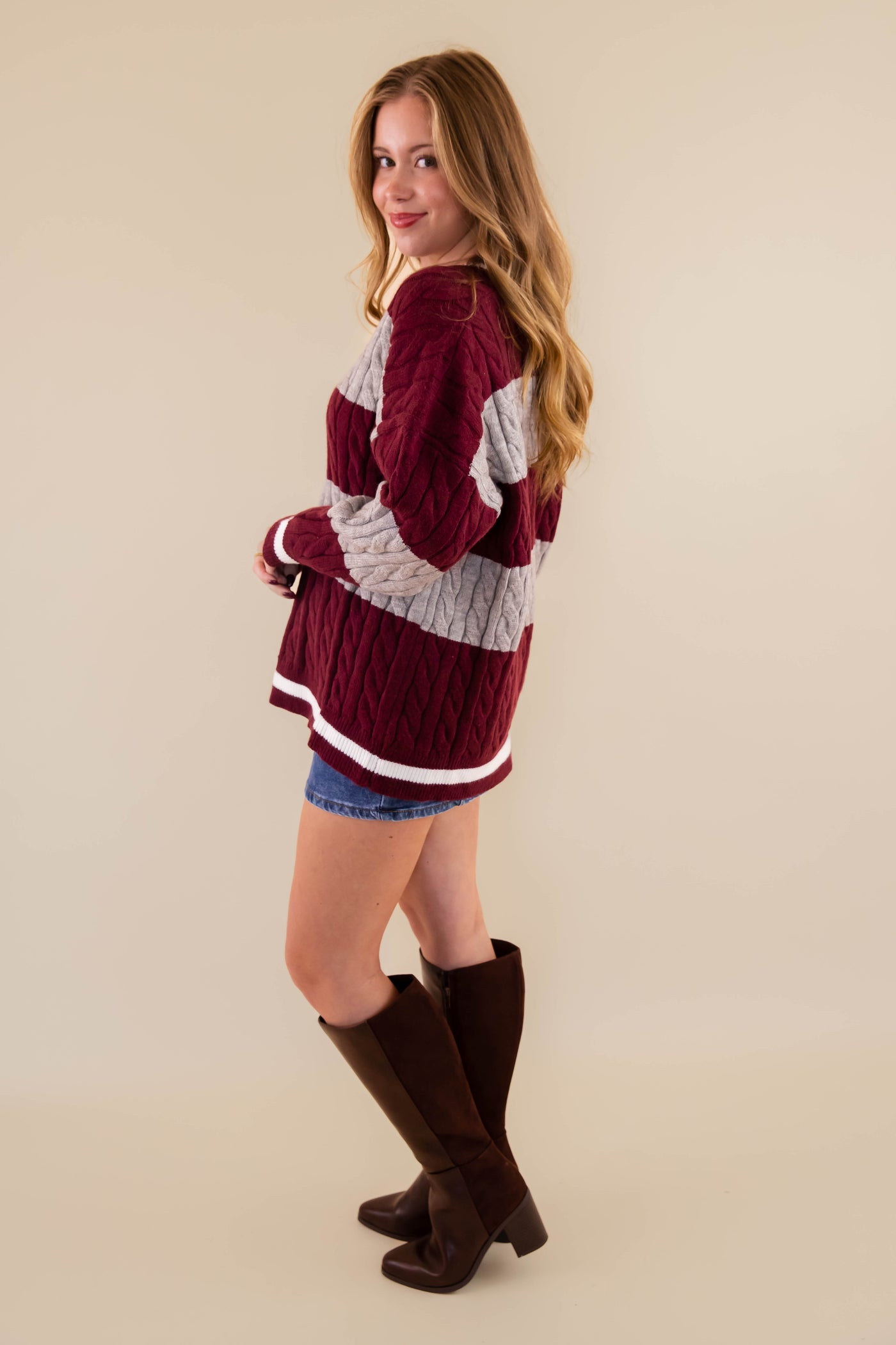 Striped Cable Knit Sweater- Oversized Varsity Inspired Sweater- She + Sky Striped Sweater