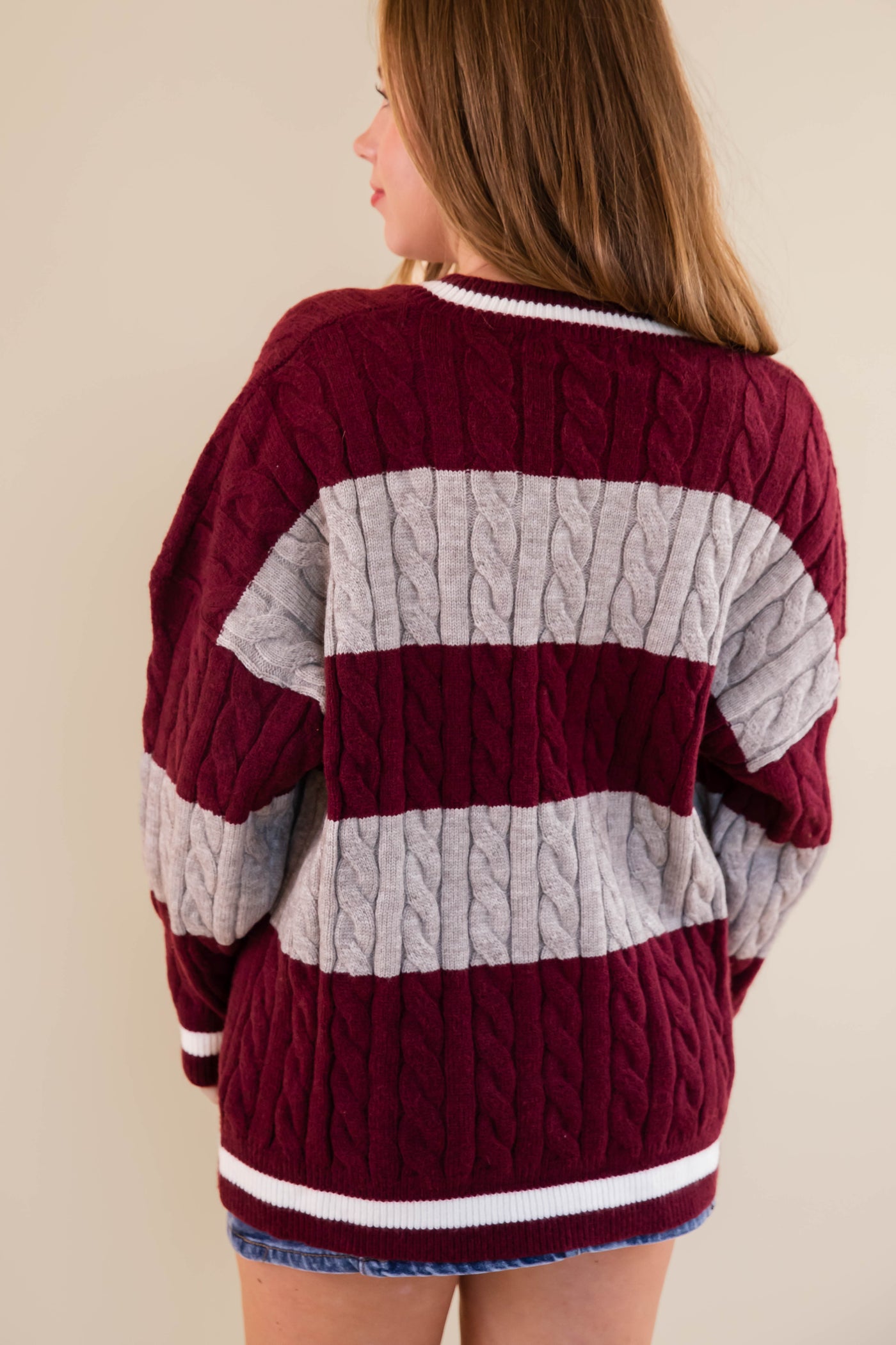 Striped Cable Knit Sweater- Oversized Varsity Inspired Sweater- She + Sky Striped Sweater