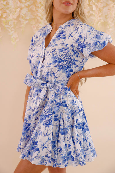 Button Down Shirt Dress- Women's Vintage Inspired Dress- Blue and White Floral Pleated Dress