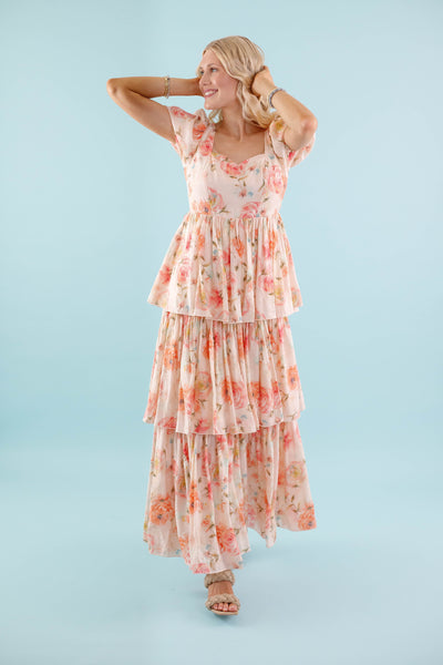 Coral Floral Maxi Dress- Elegant Tiered Maxi Dress - Maxi Dress by AAKKA