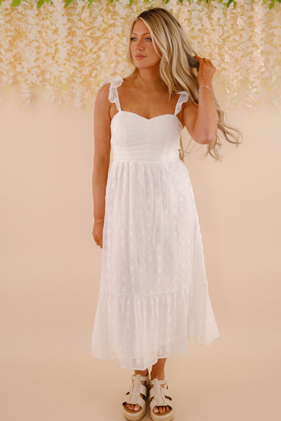 White Floral Embroidery Midi Dress- Women's Bridal Dresses- Women's Spring Summer Midi Dress