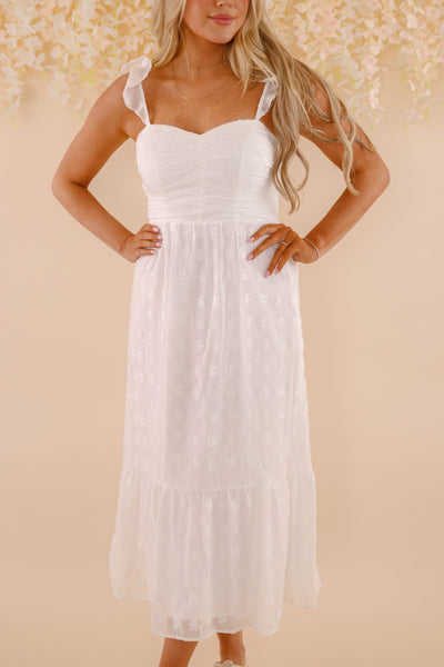 White Floral Embroidery Midi Dress- Women's Bridal Dresses- Women's Spring Summer Midi Dress