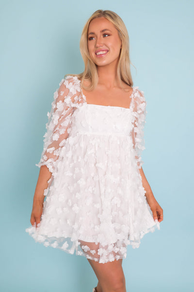 White Flower Glitter Dress- Women's Babydoll White Dress- 3D Flower Dress