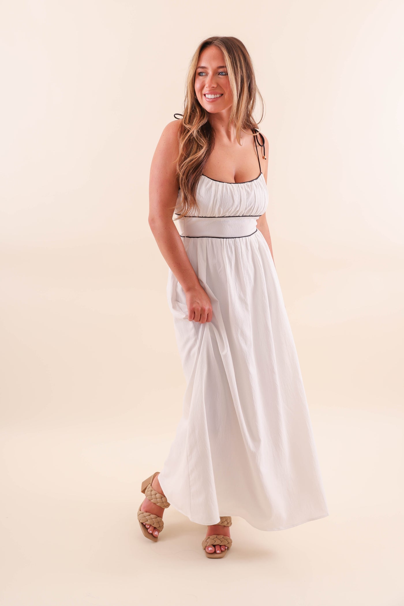 White Maxi Dress with Black Piping Contrast - Solid White Maxi With Black Stripes