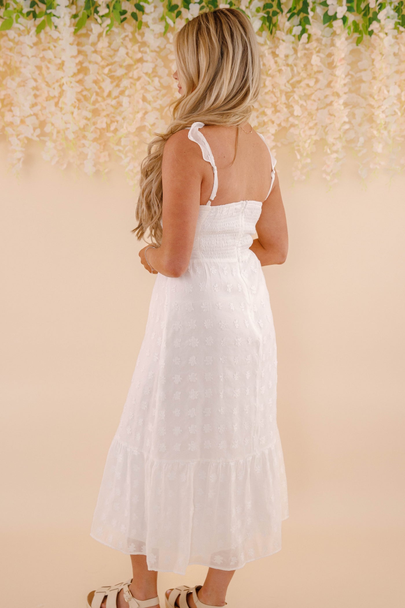 White Floral Embroidery Midi Dress- Women's Bridal Dresses- Women's Spring Summer Midi Dress