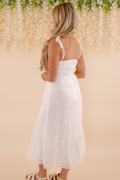 White Floral Embroidery Midi Dress- Women's Bridal Dresses- Women's Spring Summer Midi Dress