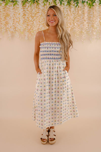 Women's Smocked Floral Print Cotton Midi Dress- Women's Floral Dresses- Aureum Dress