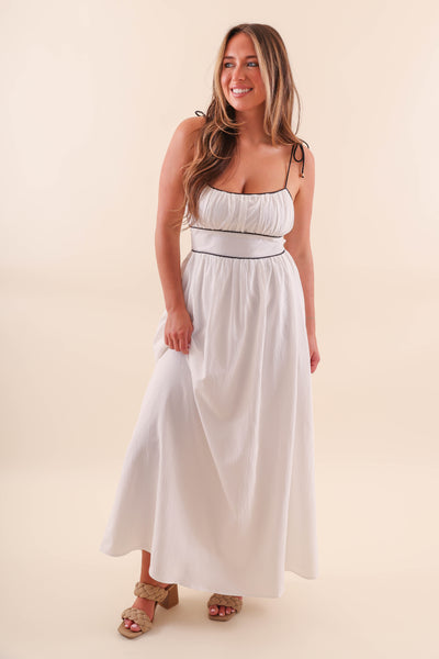 White Maxi Dress with Black Piping Contrast - Solid White Maxi With Black Stripes