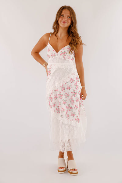 Printed Floral Lace Tiered Maxi Dress- Women's Floral Asymmetrical Maxi Dress